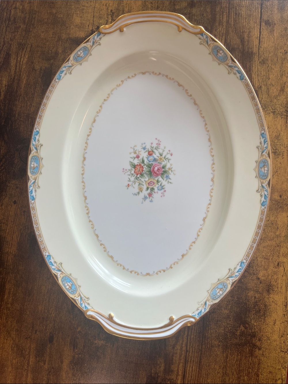 Noritake Cream, Blue and Gold Floral Porcelain Serving Platter